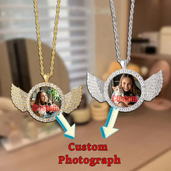 Custom Angel Wing Round Photo Necklace -Personalized Unforgettable memories Picture Pendant Jewelry Perfect for Anniversary Gift