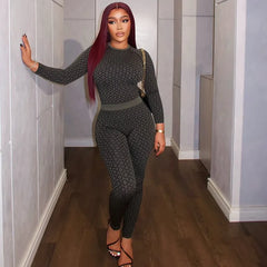 Women's Fashion Sets Slim Print Pants Y2K O-neck Long Sleeve Top Stretch Hip Package Pencil Trousers 2025 Spring Sexy Lady Suits