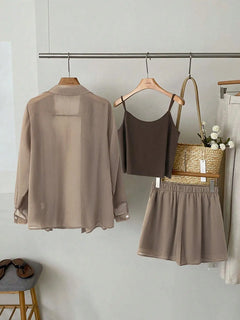 【Plus Size】 Three-Piece Set Solid Color Set, Casual Long Sleeve Button Shirt & Crop Cami Top & Shorts Set