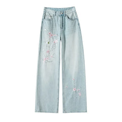 French Pink Flower Embroidered Jeans Women Spring and Autumn New High Waist Fashion Slim Wide-Leg Pants Embroidered Straight Pan