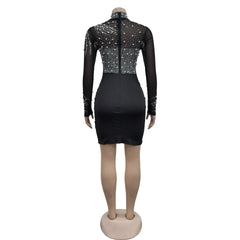 CM.YAYA Women Long Sleeve Mesh Diamonds Hot Rhinestones Mini Dress 2024 Summer Evenning Sexy Party Night Club Dresses Vestidos