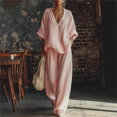 Fashion V-neck Short-sleeved Loose Top Women's Suit Summer New Casual Retro Female Vacation Lazy Trousers 2-piece Set 2026