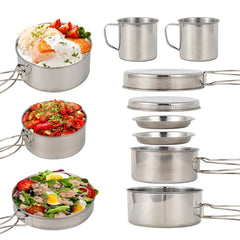 8pcs/set Camping Cookware Mess Kit Stainless Steel Cooking Pot and Pan