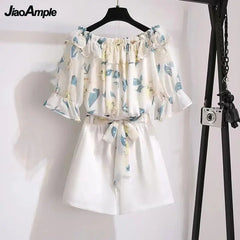 Women's Summer Shorts Suit 2026 New Casual Printed Shirt Top Pants Two Piece Korean Fashion Elegant Short Sleeve Blouse Set