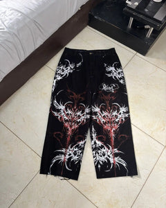 Y2K Gothic Punk Baggy Pants Women Red White Tribal Flame Print Wide Leg Trousers Vintage Grunge Streetwear Alt Clothing