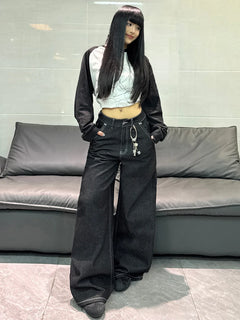 American High Street Cartoon Print Design Black Women's Loose Wide Leg Jeans Y2K Street Fashion Versatile Trousers