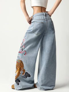 European And American Wide-Leg Denim Pants, Featuring Dragon, Tiger, Plum Blossom, And Cloud Embroidery, High-Waisted Jeans