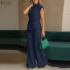 ZANZEA Summer Trousers Suit Short Sleeve Lace-Up Blouse Wide Leg Pant Sets Solid Color OL Work Outfit Fashion Women 2 Piece Sets
