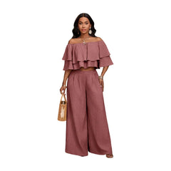 Women's Off Shoulder Ruffle Crop Top Matching Wide Leg Pants Outfit For Vacation Daily Casual Outdoor Travel Occasions