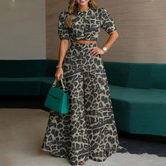 Elegant Solid Color 2 Piece Set 2026 Summer Short Sleeve Button-Down Crop Blouse Top+High Waist WideLeg Pants Set Casual Outfits