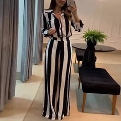 Women Two Pieces Set Striped Long Sleeve Turn Down Collar Shirts Button Wide Leg Pants Suits Regular Elegant Office Lady 2025