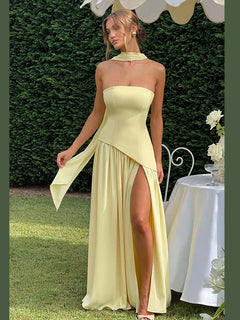 Solid Spliced Ribbon Maxi Dress Women Elegant Strapless Sleeveless Slit Long Dresses 2025 New Summer Holiday Party Lady Vestidos