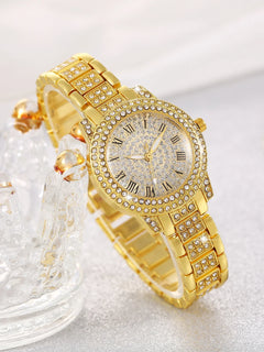 Ladies round Shell Embedded Quartz Watch Set with Floral Bracelet Necklace Ring Bracelet Earring - Festive Gift