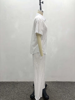 Women Casual Two Piece Pant Set Short Sleeve Turn Down Collar Shirts Top and High Waist Loose Wide Leg Pant Matching Set 2025