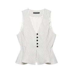 Women Fashion Stripe Sets Sexy Sleeveless Button Fold Hem Top+Wide-Leg Pants Summer Autumn Vacation Leisure New 2 Pieces