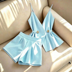 Women Striped 2 Piece Set V-neck Top Lace Up High Waist Pleated Wide Leg Shorts Summer Fashion Office Ladies Commuting Outfit