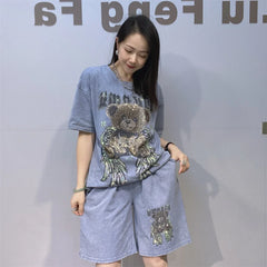 Tie-dye Cartoon Bear Oversized Short Pant Sets Woman Outfits 2026 Summer Casual O Neck Short Sleeve T Shirt 2 Piece Sets