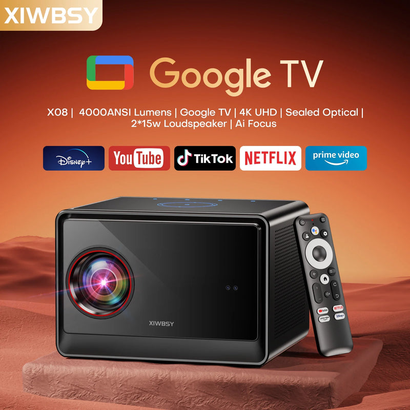XIWBSY 64GB Google TV Projector 4000ANSI Offline Cinema Beamer 4K HD Video Projector Android 14.0 Sealed Optical Projector