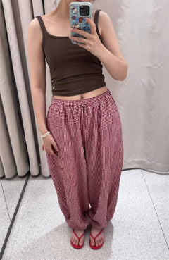 Women's Long Pants 2026 Summer New Style Red Plaid Drawstring Lantern Pants Long Pants Beach Vacation Casual Fashion