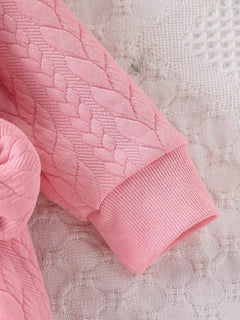 Pink Thickened One-Piece Romper for Baby Girls, with Cable Knit Quilted Fabric, Doll Collar with Hollow Lace, Double Bow, Snap Buttons on the Front and Crotch, Warm and Cute