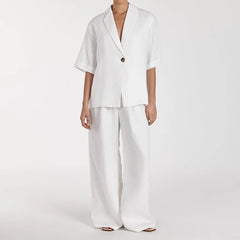 New Cotton Turn-Down Collar Half-Sleeve Top Wide-Leg Pants Two-Piece
