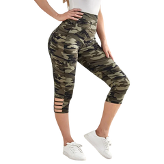 Plus Size Women's Camo Capri Leggings with Side Stripe Cutouts Stylish High Elasticity Knit Sporty  Fashionable Casual Pants