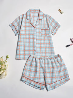 Women's Plaid Pajamas Set 2 Piece Button Down Short Sleeve Top and Shorts Sleepwear Casual Soft Loungewear for Summer