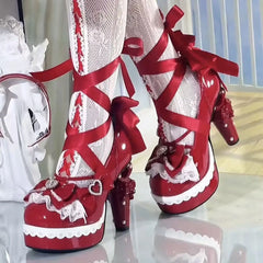 Original Sweet Lolita High Heels Big Size 42 Japanese Style Cosplay Women Leather Shoe Red Rhinestone Street Y2k Shoes Girl Cute