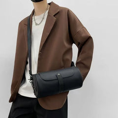 Retro Fashion Men's Crossbody Bags PU Leather Barrel-Shaped Shoulder Bag Men Crossbody Bag Flap Bucket Sling Mobile Phone Bag