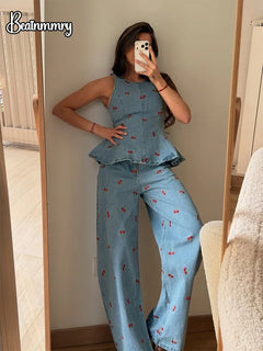 Denim Printed Sleeveless Pants  2-piece Set Women's Elegant Round Neck Fashion Short Shirt Long Pants Suits 2026 Street Outfit