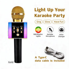 6-In-1 Wireless Karaoke Mic - Big Bass Wireless Speaker, LED Lights, Voice Changer, Pairable - Portable Singing Mic for Family, Birthday, Parties, Car Trips, Halloween, Thanksgiving And Christmas Gifts