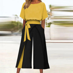 Women's Contrasting Two-piece With Solid Color Five Quarter Sleeve Top Fashionable Contrasting Lace Up Nine Quarter Pants Set