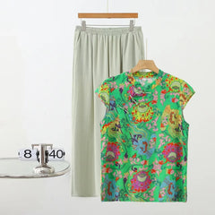Summer Cotton-silk blend Cheongsam 2 Pcs Set Loose Short Sleeve Frog Closure Tops and Wide leg Pants New Chinese Style Plus size