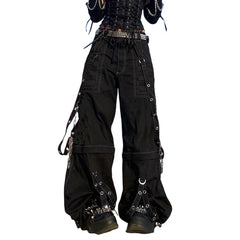Women Fall Winter Cargo Jeans Striped Zipper Button Closure Loose Casual Trousers Streetwear with Pockets