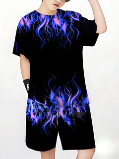 Summer Outfit Blue Flame Print Short Sleeve T-Shirt + Shorts Set Black Casual Sportswear Kids Streetwear Tracksuit