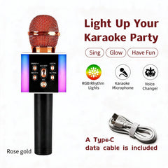 6-In-1 Wireless Karaoke Mic - Big Bass Wireless Speaker, LED Lights, Voice Changer, Pairable - Portable Singing Mic for Family, Birthday, Parties, Car Trips, Halloween, Thanksgiving And Christmas Gifts