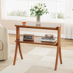 Tribesigns Walnut Side Table for Living Room, Narrow End Table with 2-Tier Storage Shelf and Solid Wood Legs, Slim Bedside Table