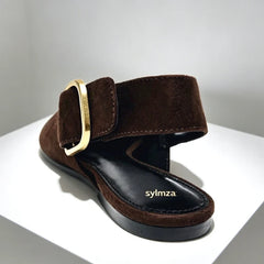 Fashion Metal Buckle Design Flat Sandals Women 2026 New Brown Suede Pointed Toe Slingback Designer Shoes Comfortable Women Shoes