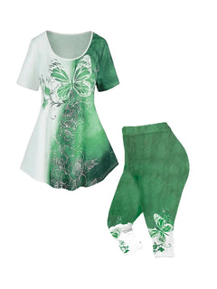 Plus Size Matching Sets Summer Female Large Size Blue Butterfly Print Color T-Shirt Short Sleeve Print Pants Casual Two-Piece Se