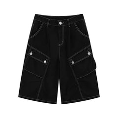 Retro American Washed Multi-Pocket Workwear Denim Shorts Unisex Black Summer Street Loose Seven-Foot Trendy Jeans Cotton