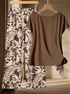 Summer Plus Size Women's New Coffee Color Short-Sleeved Top + Tropical Plant Print Wide Leg Pants Long Pants Two-Piece Set