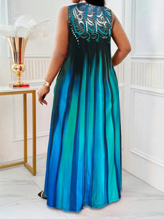 Plus Size Teal Blue Gradient Print Maxi Dress Summer Casual Round Neck Sleeveless Loose Long Sundress With Pocket