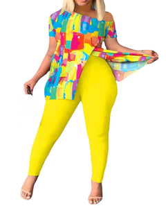 Two Piece Sets Women Outifits 2023 Spring Fashion Geometric Print Slant Neck Short Sleeve Hem Slit Top & Casual Skinny Pants Set