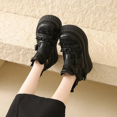 Lace Thick Bottom Sneaker Pumps Belt Buckle Elegant Fashion Comfortable Sexy Genuine Leather Women Shoes Round Toe New Hot Girls