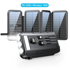 43800mAh Solar Power Bank Quick Wireless Charger External Battery Pack PD 20W Powerbank Built Cables LED Light for iPhone Xiaomi