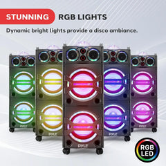 2000W Active Powered Outdoor Portable Bluetooth PA Speaker System with Party Lights, Microphone Input, USB/SD Card Reader, AUX/RCA/FM Radio, and Wheels