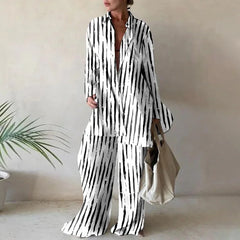 Spring Autumn Fashion Sets Women Long Sleeve Lapel Printed Casual Elegant Beach Loose Wide Legs Trousers Ladies Two Piece Suits
