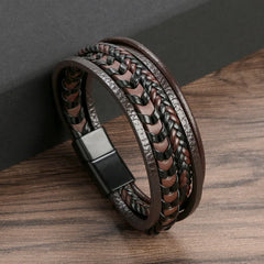 Multi Layer Braided Rope Bracelets for Men,Classic Handmade PU Leather Wristband with Magnetic Buckle,Trendy Punk Jewelry Gift