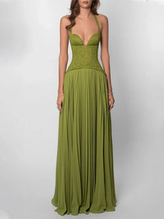 Green Corset Halter Long Dress Women Backless Off Shoulder Pleated Patchwork Slim Maxi Dress 2026 Summer Lady Party Evening Gown
