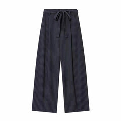 Women Fashion 2-Piece Set Single-breasted Sleeveless V-Neck Pinstripe Vest+Summer Pleated Loose Pocket Belt Zipper Pants